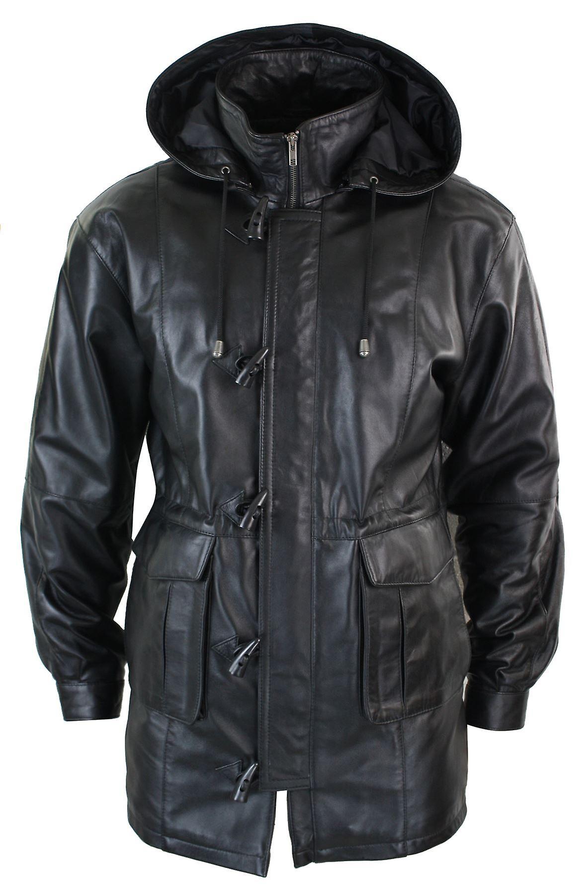 LLD_ Men's 3/4 Long Real Leather Duffle Jacket Coat Safari Detachable Hood Classic black 3XL