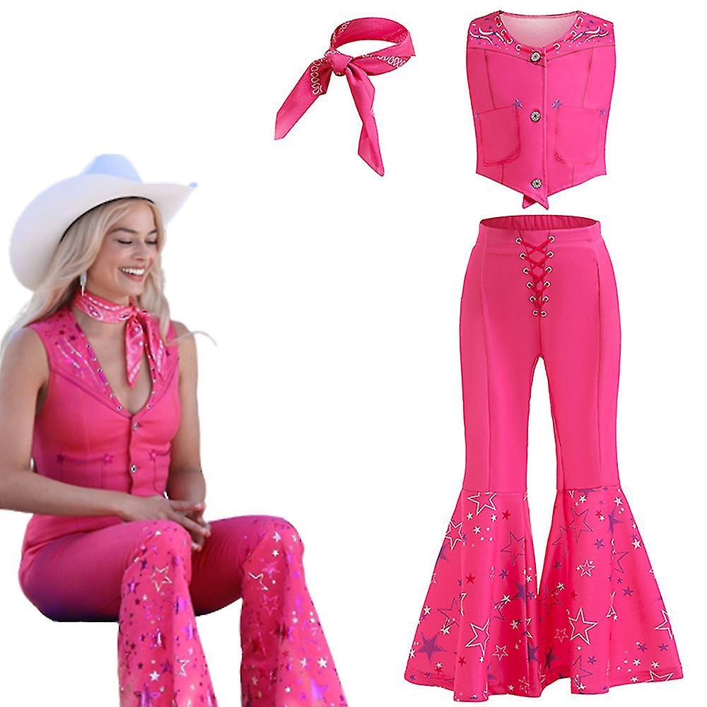 Shinestar Girls Barbie Costume Pink Vest Long Pants With Scarf Set Barbie Movie Cosplay Outfit For Kids Halloween Carnival Fancy Dress Up 10-11 Years