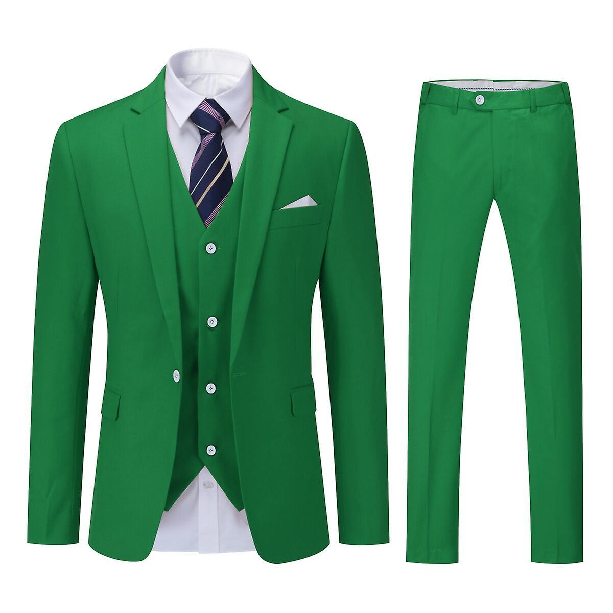 Allthemen Mens 3-Piece Solid Color Business One Button Lapel Blazer Vest Pants Green XL