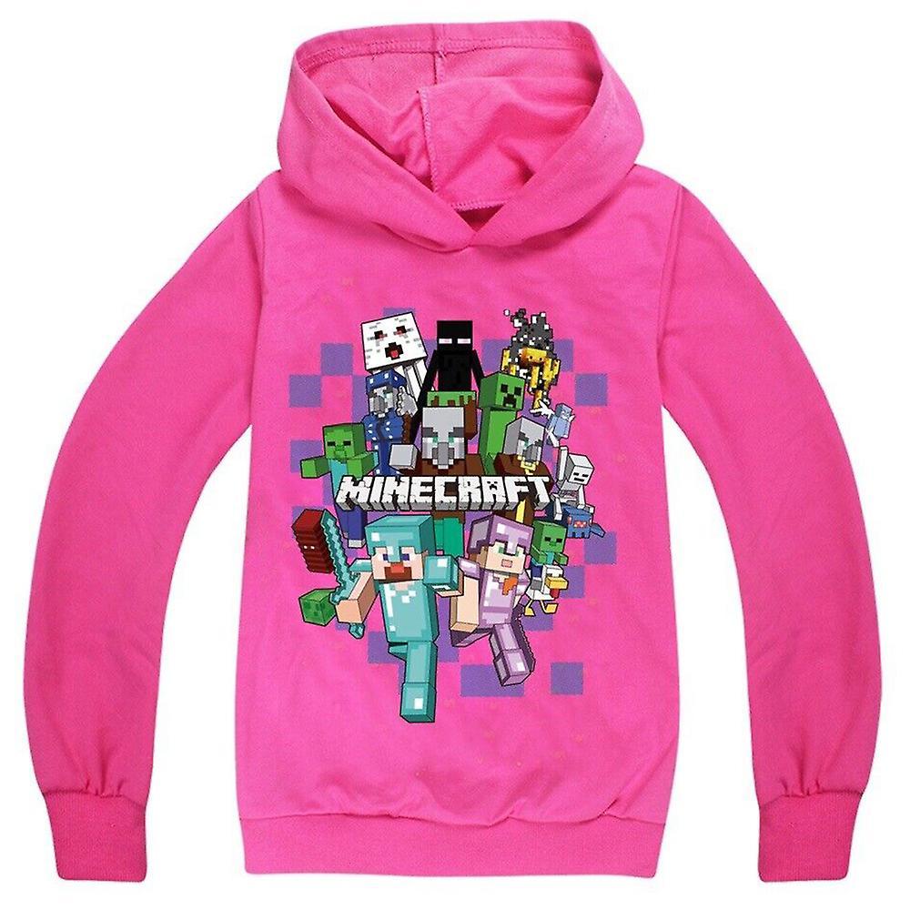 Varychmoo Kids Minecraft Printing Hoodie Casual Long Sleeve Hooded Sweatshirt Pullover Jumper Tops Rose Red 11-12Years