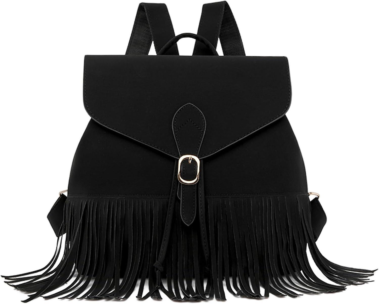 Maromalife Vintage Fringe Backpack Purse For Women Cute Backpacks Tassel Pu Leather Crossbody Shoulder Bags Daypack Purse Black