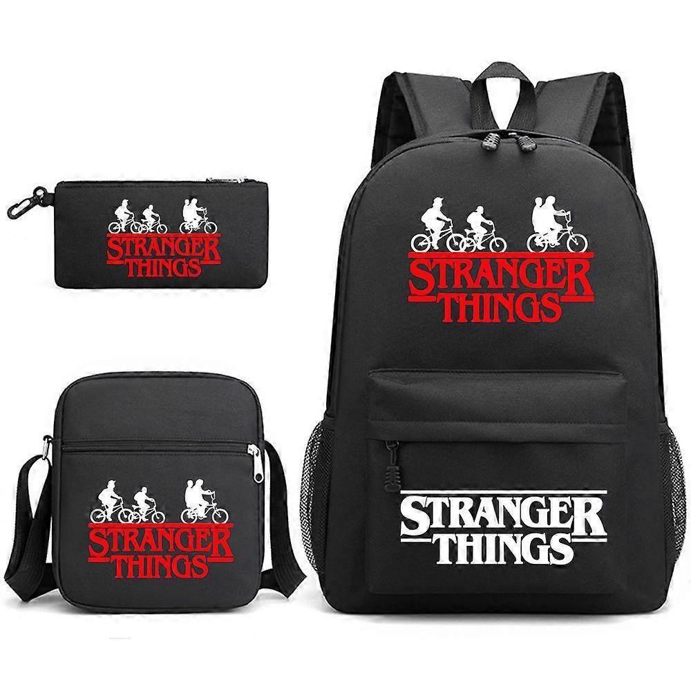 Bagadawang Stranger Things Backpack 3 Piece Set Student School Bag Canvas Bag y Black