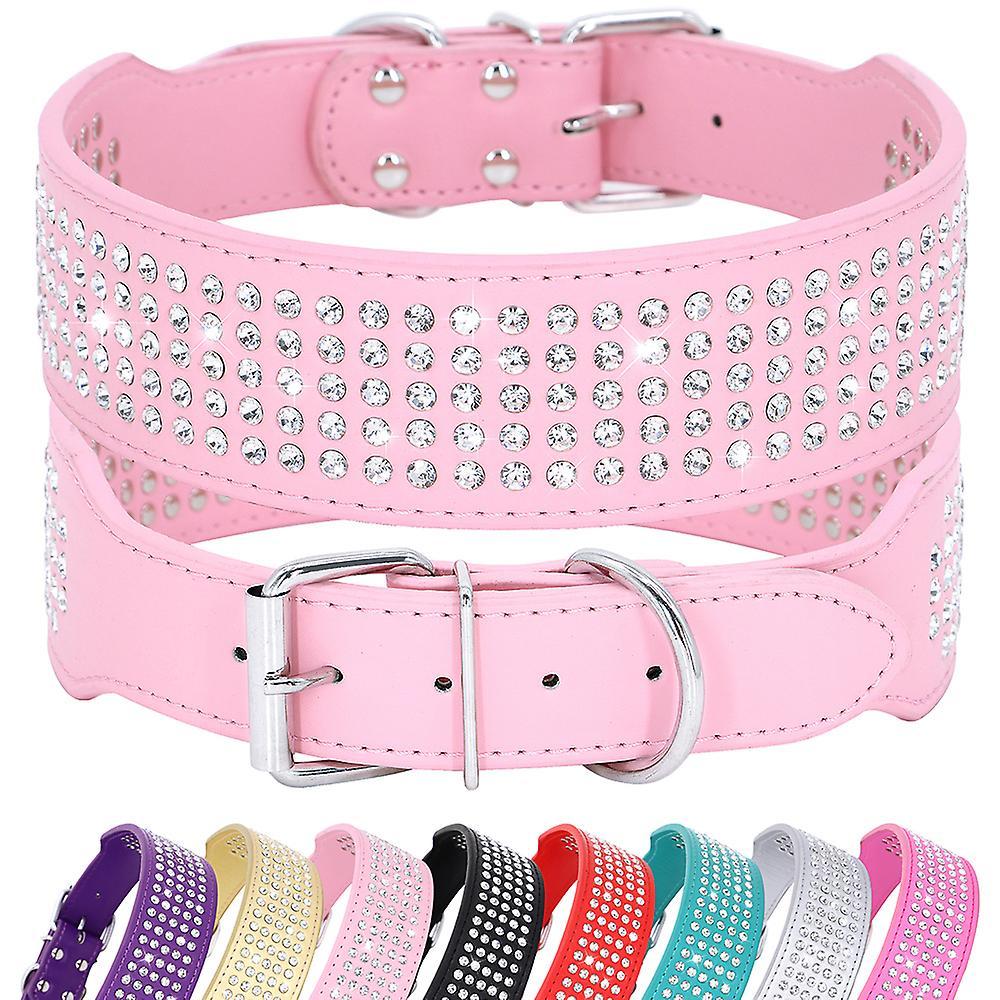 Didog 5 Row Rhinestone PU Leather Dog Collars Diamante Bling for Large Dogs 2.0" wide Pink M:Neck 38-46cm