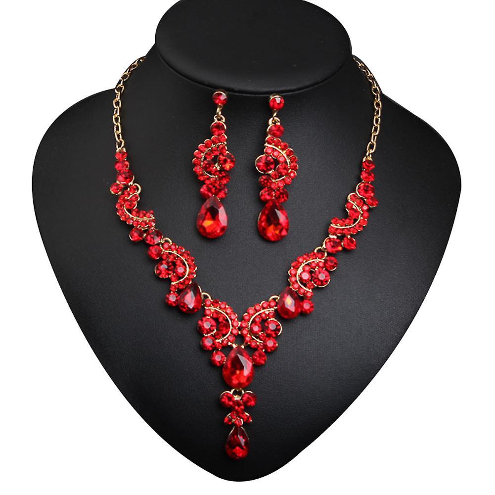 Yirepny Luxury Women Rhinestone Pendant Chain Necklace Stud Earrings Wedding Jewelry Set Red