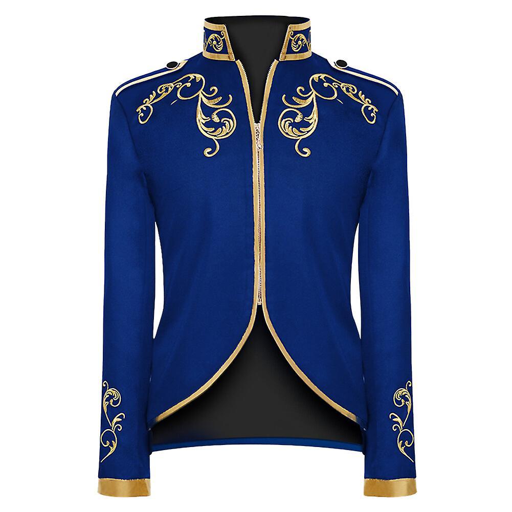 Sliktaa Mens Military Drummer Court Prince Velvet Embroidered Blazer Blue L