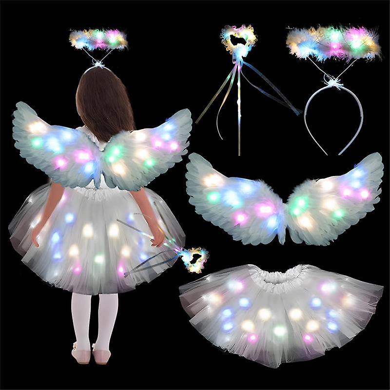 Waidfu Luminous Angel Costume Children With Wings Led Tutu Skirt For Girls Halloween Carnival Cosplay White