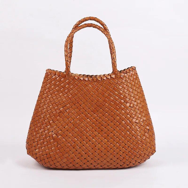 Bicaco 100% Cowhide Leather Hand-woven Bag Women's Leather Vegetable Basket Bag Brown