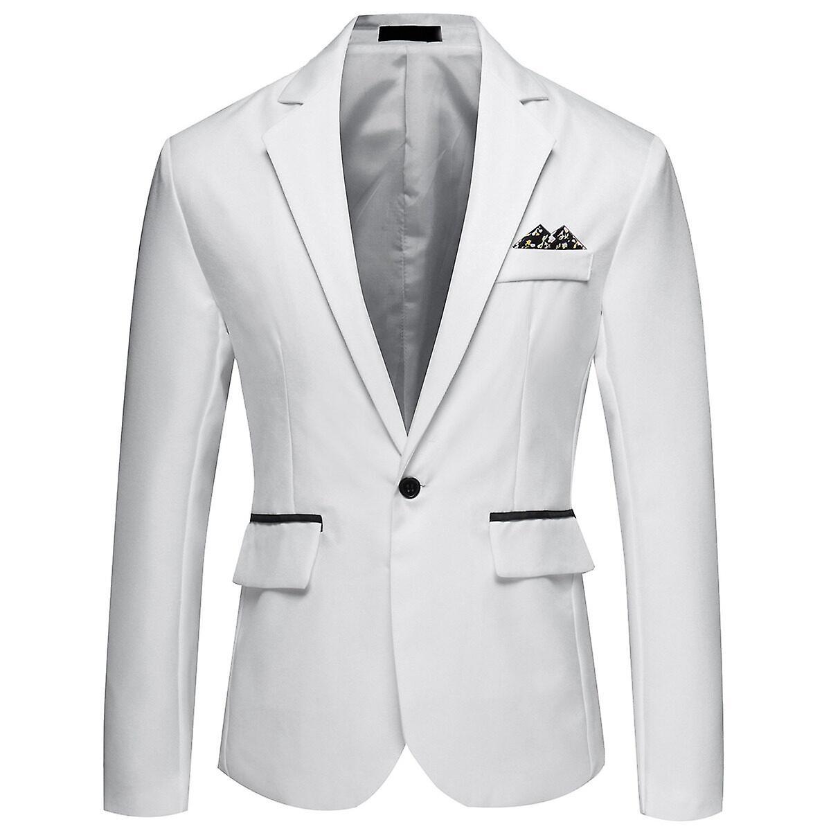 Allthemen Mens Business Casual One Button Notched Lapel Solid Color Suit Jacket White L