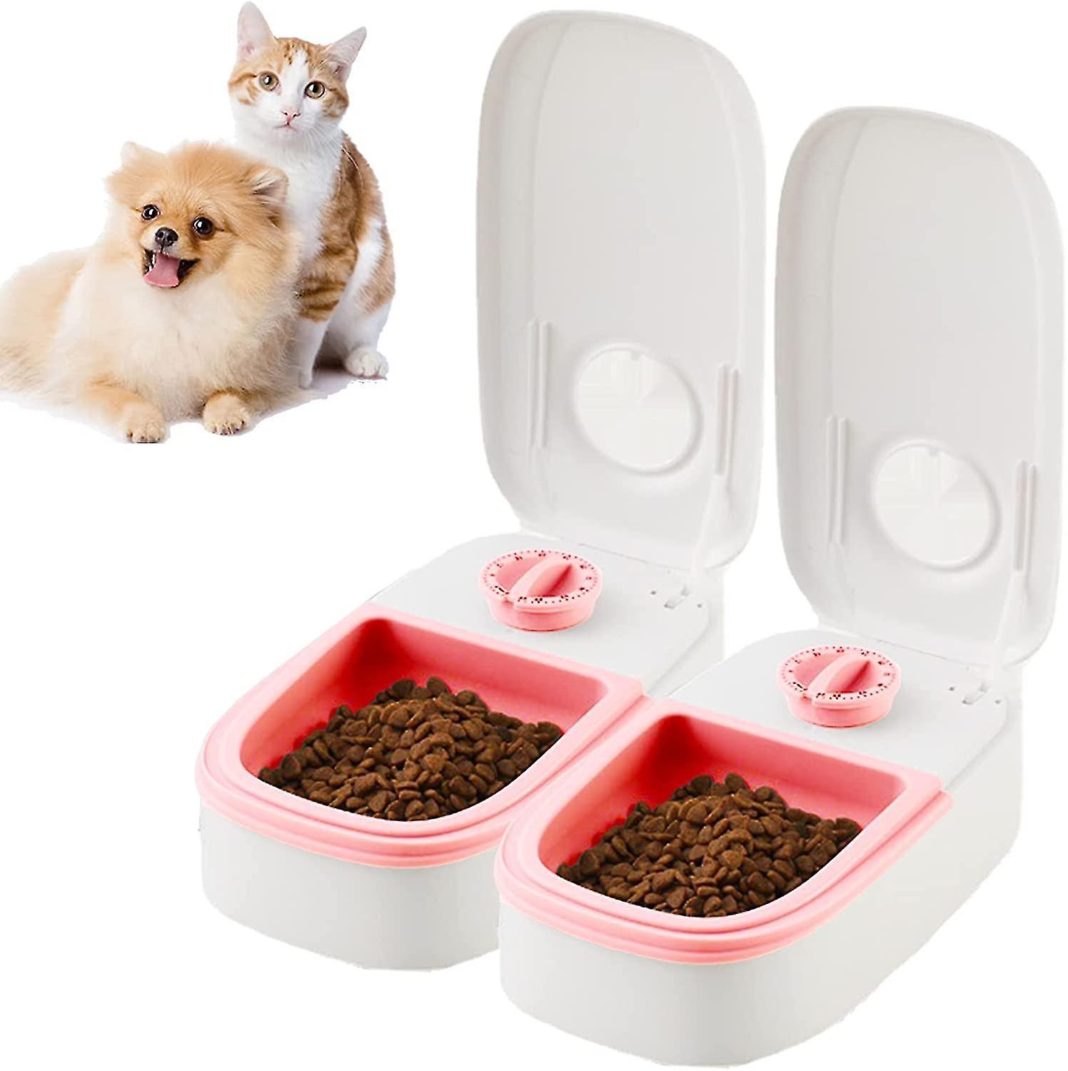 Tianzun Automatic Cat Feeders, Automatic Pet Feeder Food Dispenser, Wet Dry Cat Food Dispenser With 48h Delay Locking Design Pink 2 Bowl Feeder