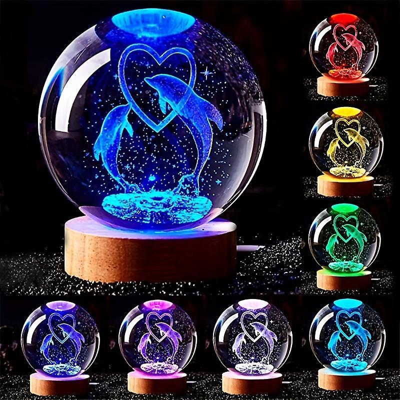 Sevenday Dolphin Crystal Ball Lamp, 3d Crystal Ball Night Light With Wooden Base, Dolphin Lamp For Home Room Decoration, Dolphin Light Gifts