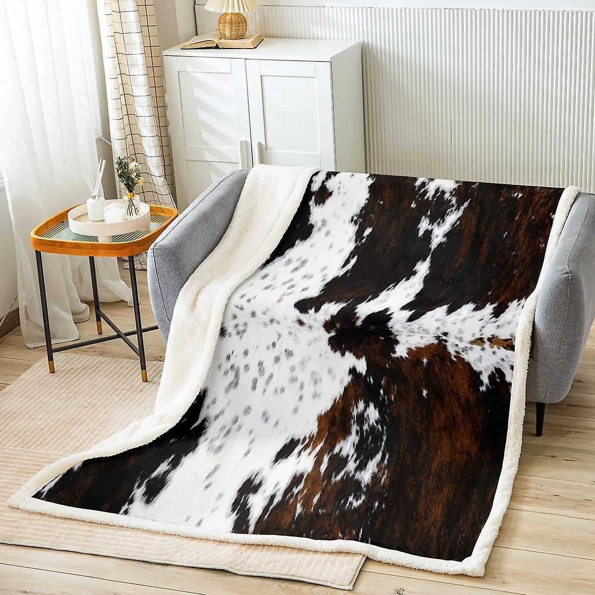 Kerota Cow Fur Throw Blanket Cowhide Pattern Fleece Throw Blanket Western Farm Animal Skin Plush Blankets Black White Sherpa Blanket for Kids Boys ...