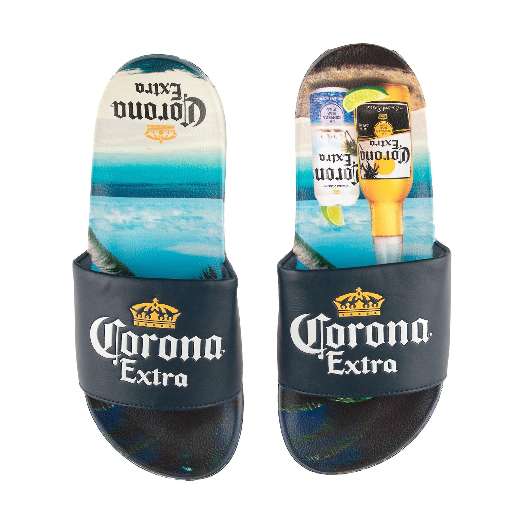 Beers Corona Extra Logo Beach Scene Men's Slide Sandals Multi-Color Large (11-12)