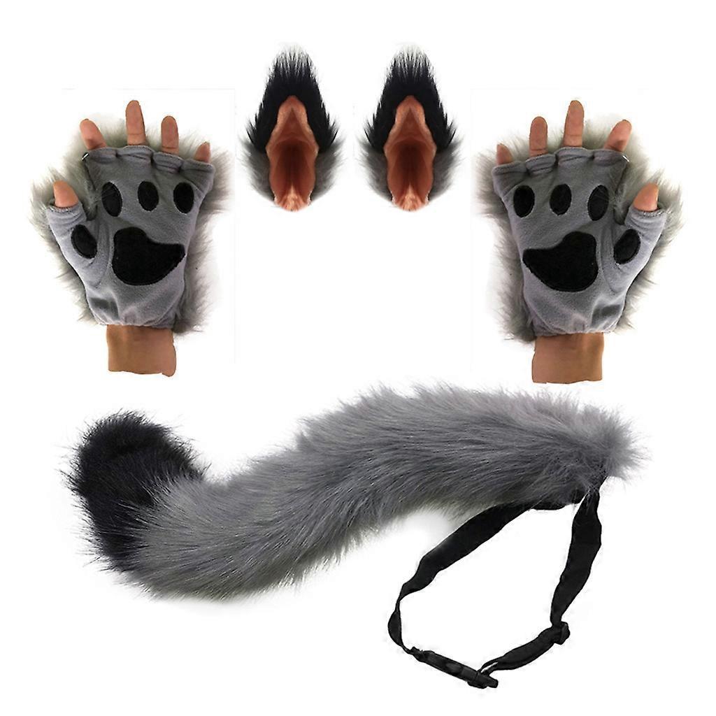 unbrand 3pcs Animal Costume Accessories Set Faux Fur Kitten Wolf Ears Hair Clips Long Tail Plush Gloves Halloween Cosplay Props black/white/gray 2