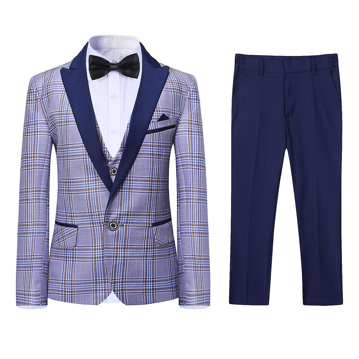 Sliktaa Boys 3Pce Plaid Peaked Lapel Tuxedo Wedding Party Suit Set Blue 150CM