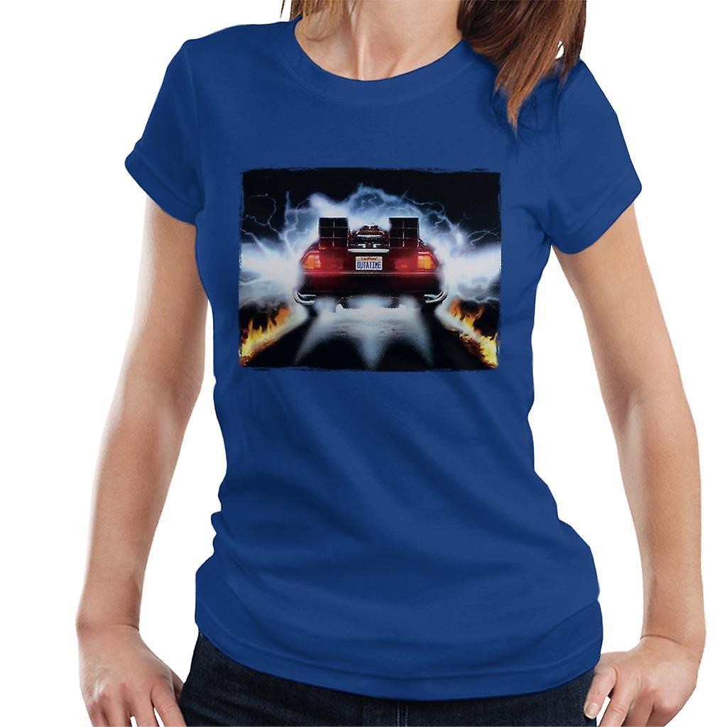 Back to the Future Delorean Taking Off For Time Travel Women's T-Shirt Royal Blue Medium