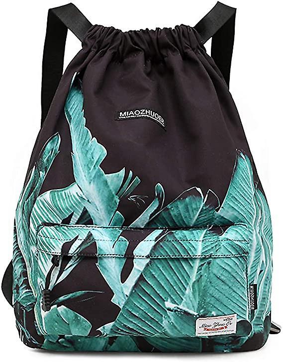 Morakot Waterproof Drawstring Bag, Gym Bag Sackpack Sports Backpack For Men Women Girls Black Banana Leaf