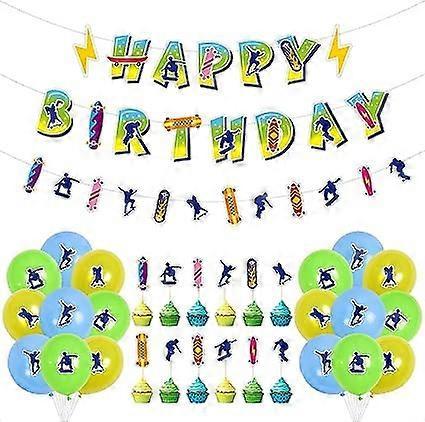 Xymcv Skateboard Birthday Decoration Skateboard Theme Banner Skateboard Birthday Supplies Silhouette Balloon Skateboard Cake Top Skateboard Cupcake...