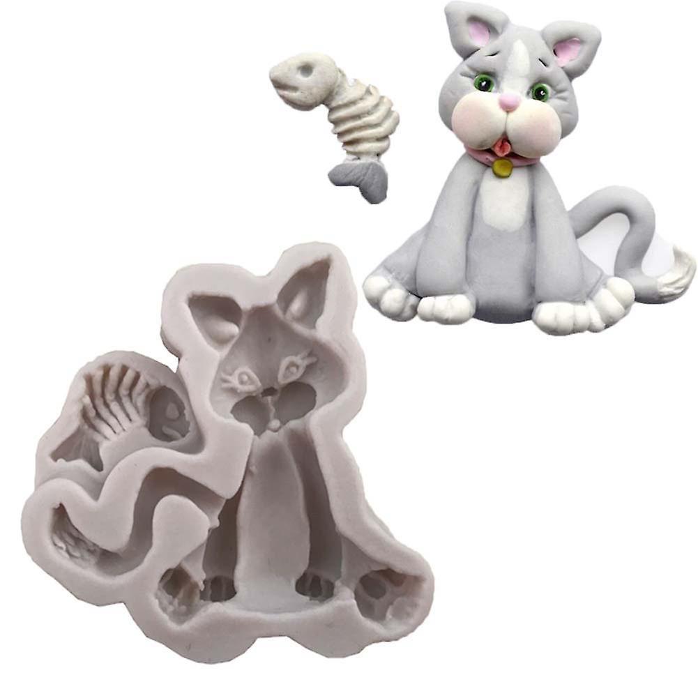 Reheyre Kitchen Silicone Mold DIY Cute Cat with Fish Fondant Chocolate Cake Baking Tool Grey White