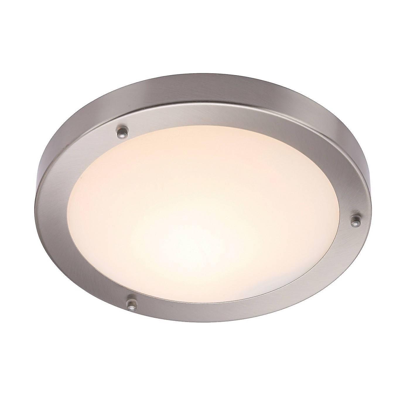 Endon Lighting Portico Bathroom Flush Ceiling Light Frosted Glass, Satin Nickel IP44, E27