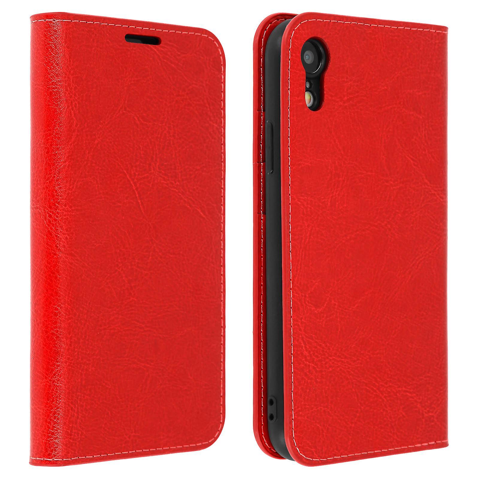 Avizar Folio Real Leather iPhone XR Case Card-holder Video Stand Red