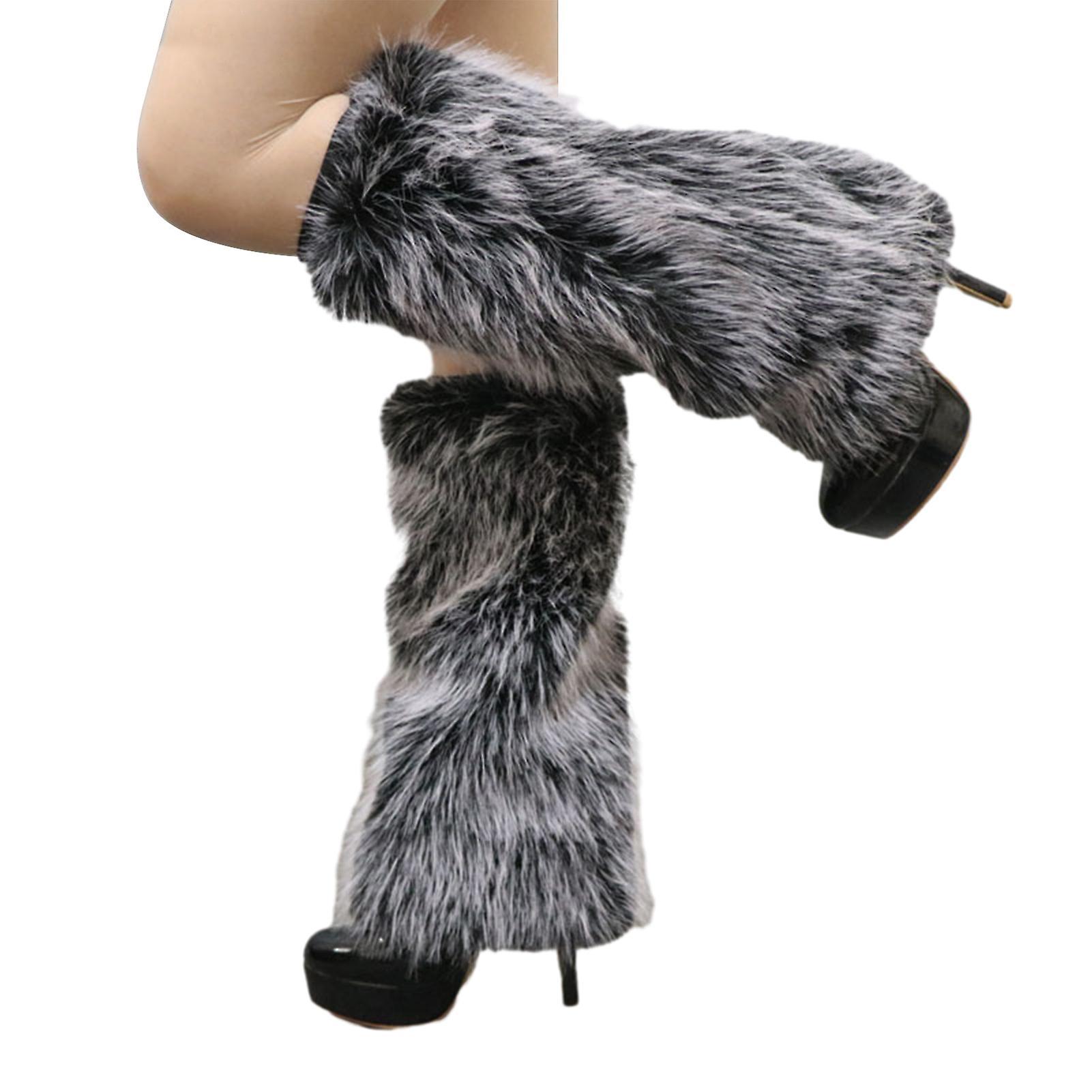 Yirepny 1 Pair Women Imitation Fox Fur Leg Warmers Solid Color Elastic Furry Boot Covers Knee-length Long Socks Fashion Accessories Black White 40cm