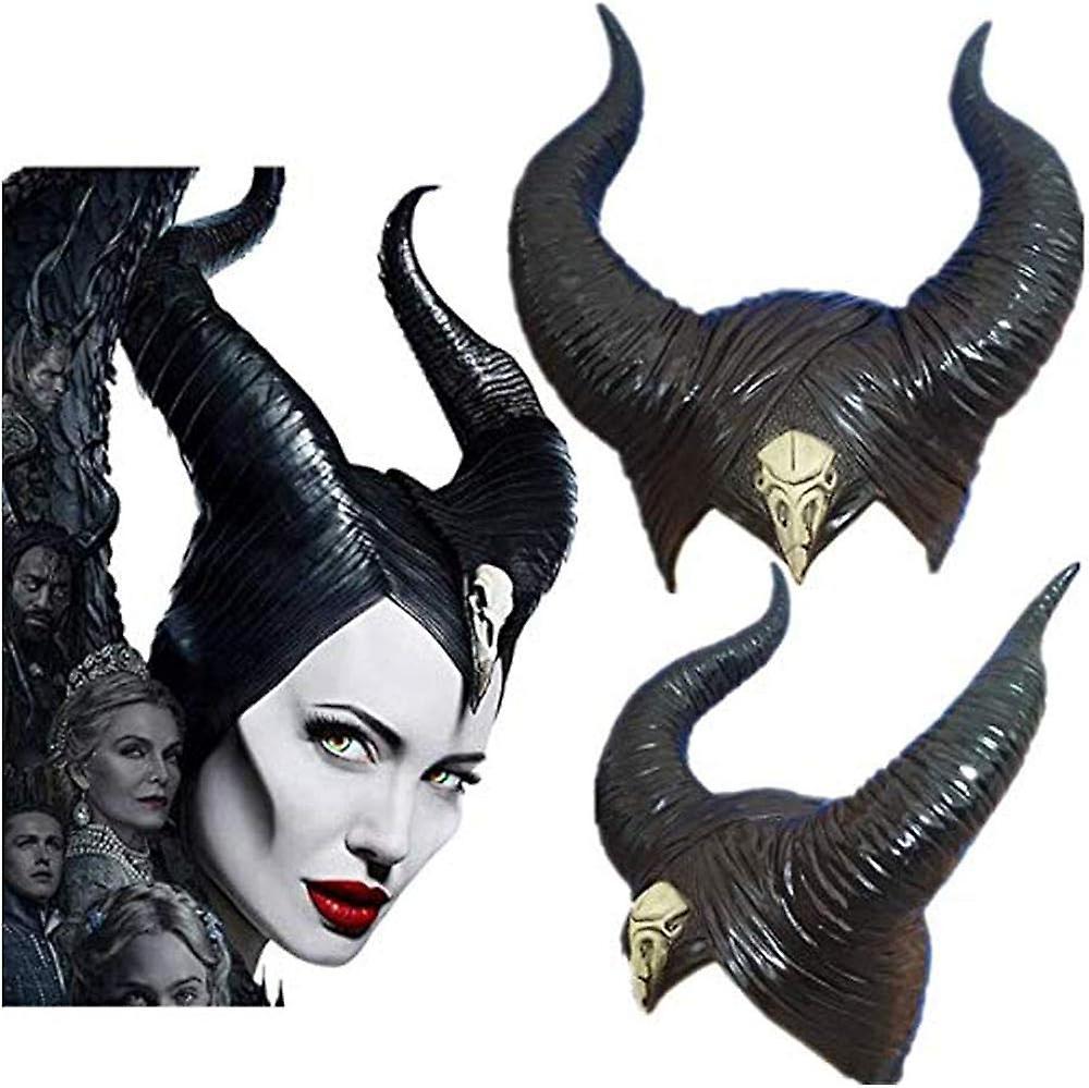 Jusch Halloween costume women's queen horns helmet cosplay maleficent costume latex black evil headpiece headband decoration adult horns hat for ma...