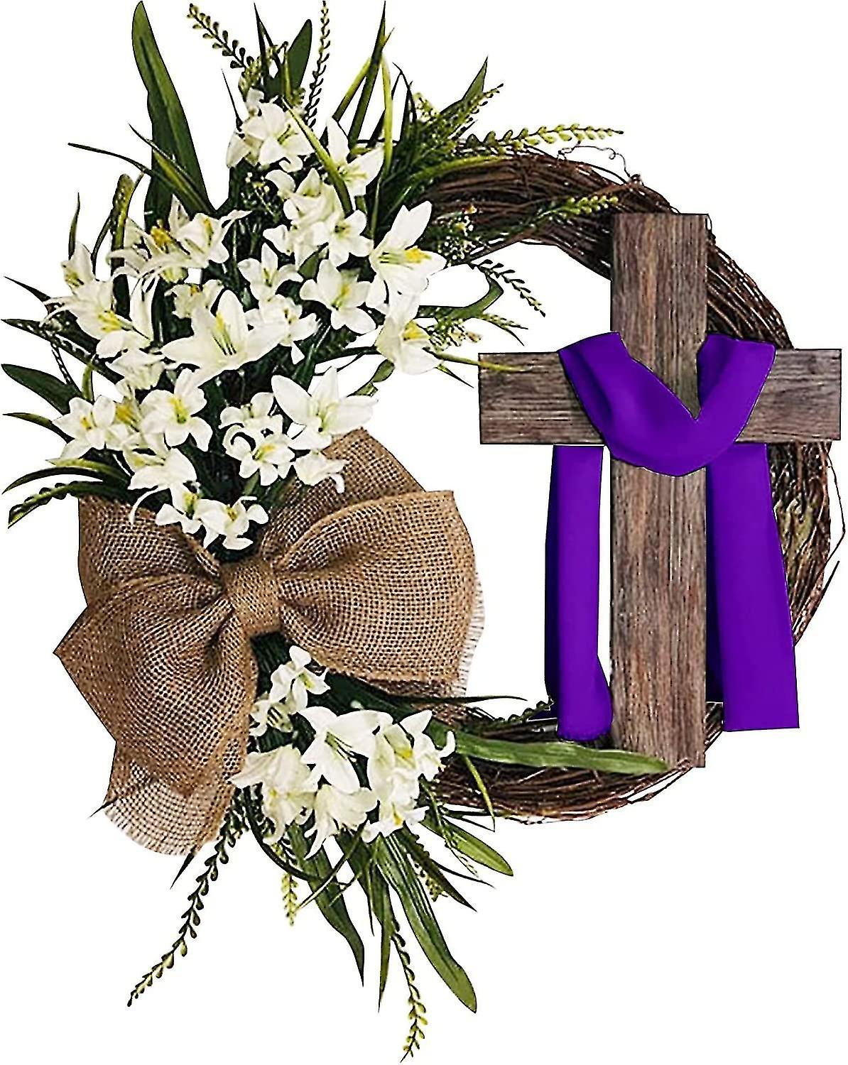 Tianzun Easter Wreath Door Hanging Decoration With Cross, Bouquet Garland For Front Door Decor, Simulation Plant Flower Purple