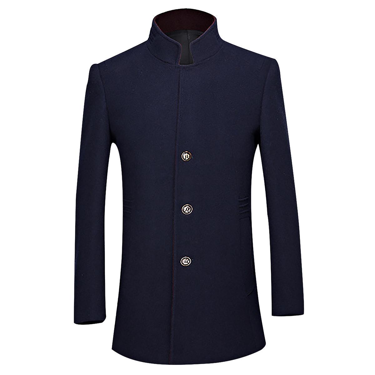 Allthemen Mens Wool Stand Collar Slim Fit Solid Overcoat Navy Blue S