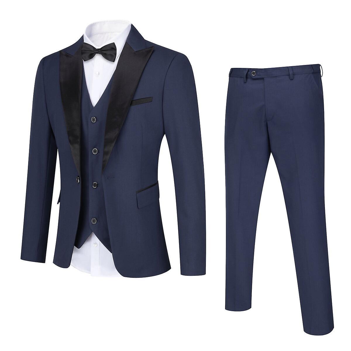 Sliktaa Mens 3Pce Business Wedding Dinner Suit Blazer Vest Tuxedo Pants Blue 2XL