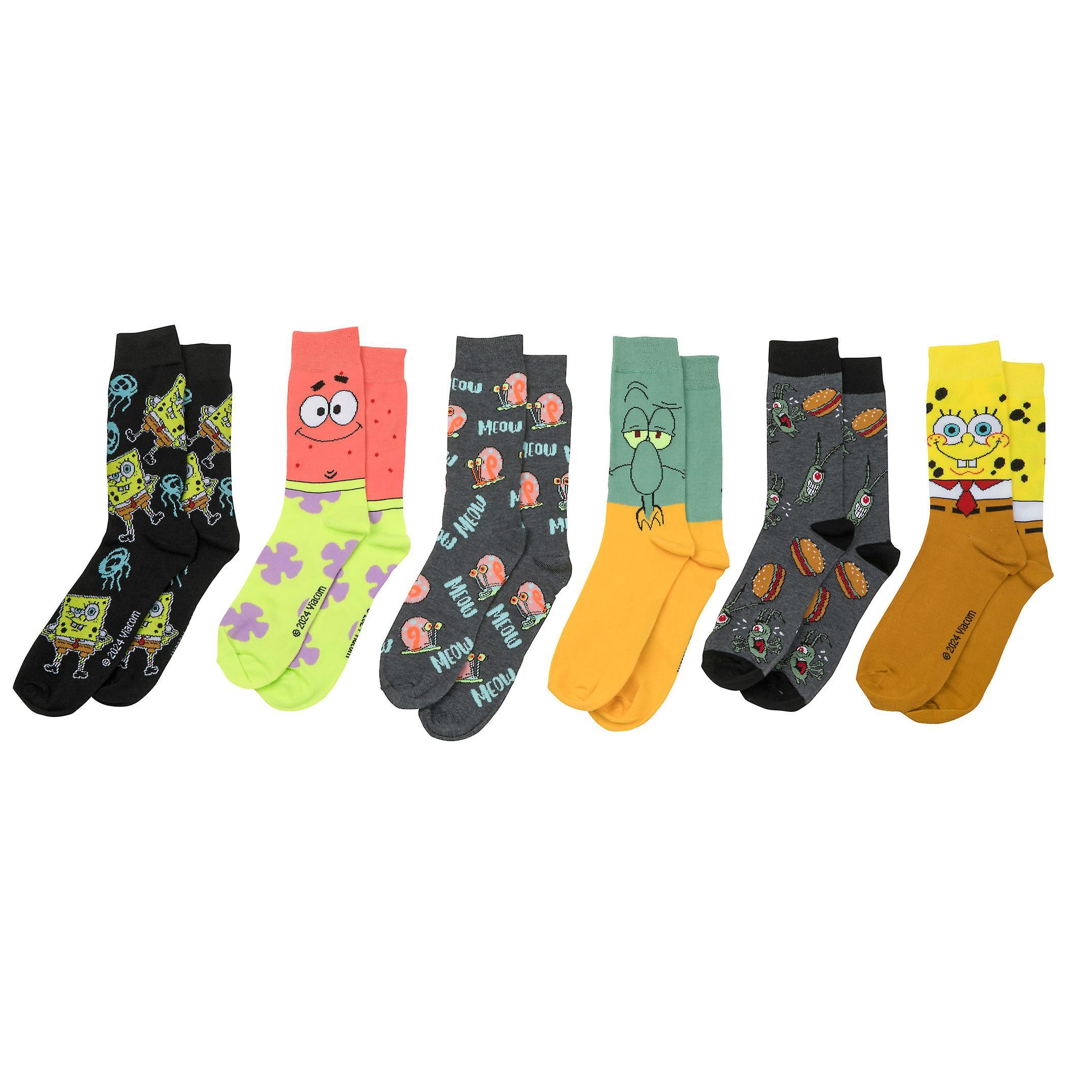 Tv Shows SpongeBob SquarePants Assorted Icons Men's 6-Pair Pack of Crew Socks Multi-Color