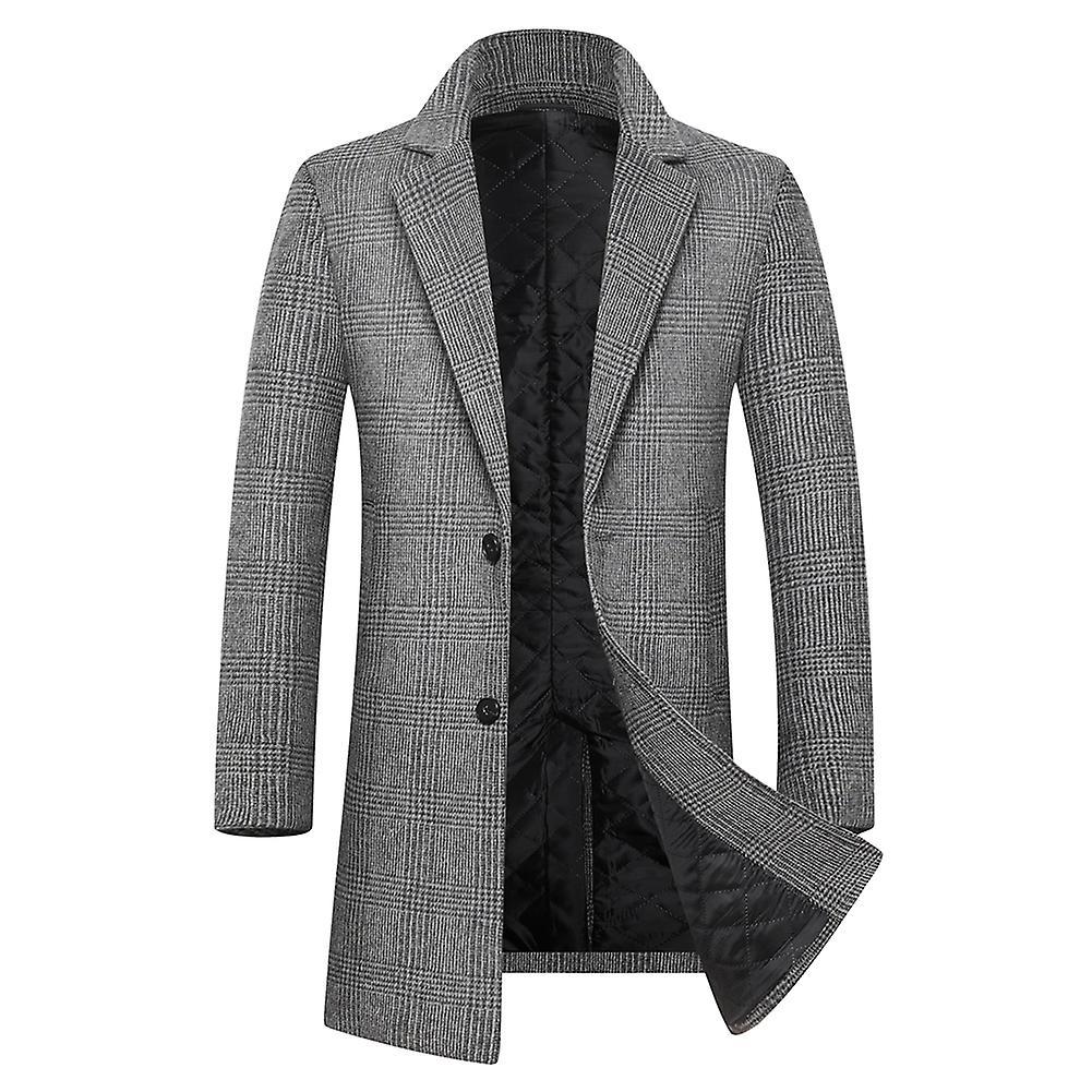 Allthemen Mens Woolen Lapel Button Down Check Overcoat Gray 2XL