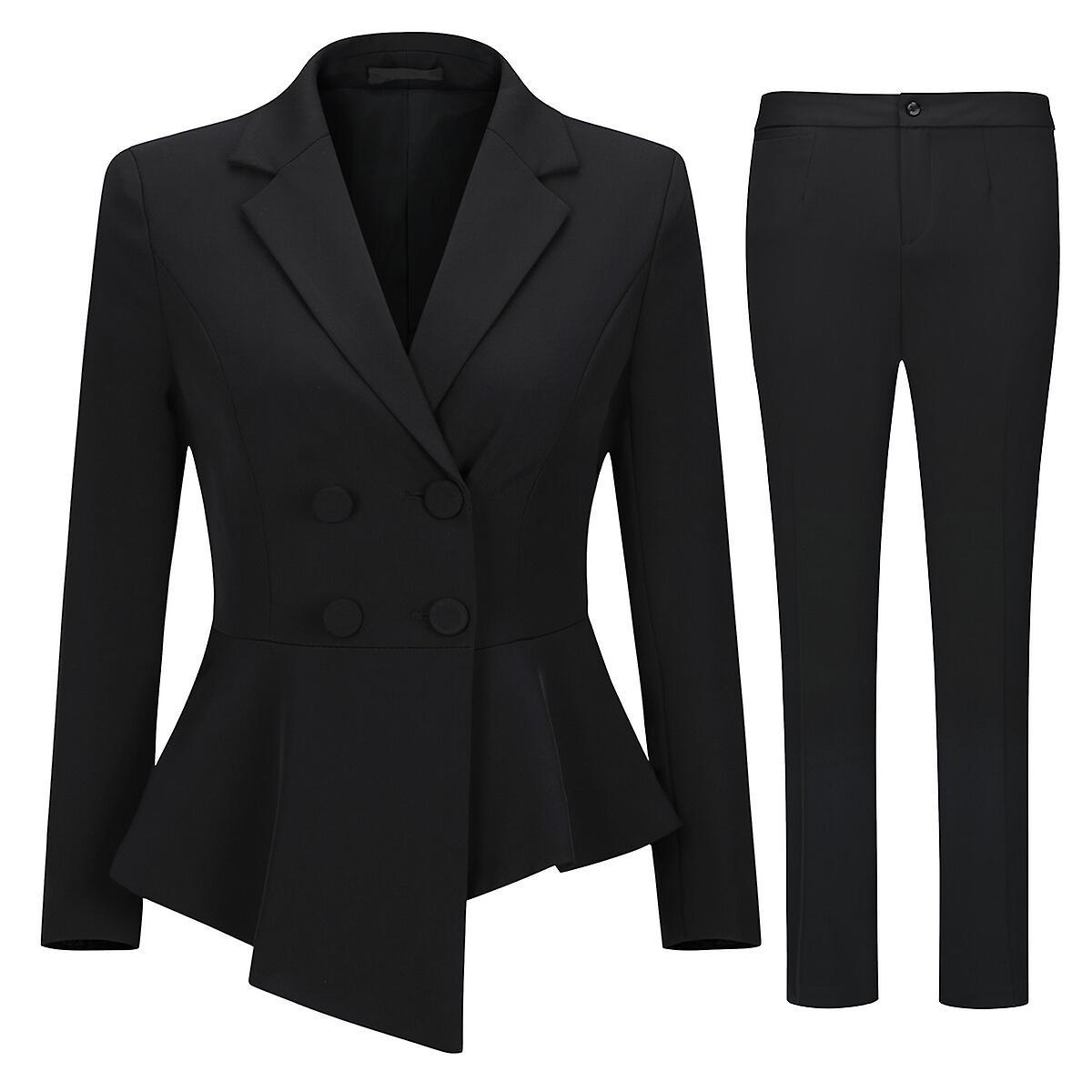 Allthemen Womens 2-Piece Business Professional Office Lady Double Breasted Asymmetric Slim Fit Suit (Blazer + Pants) Black M