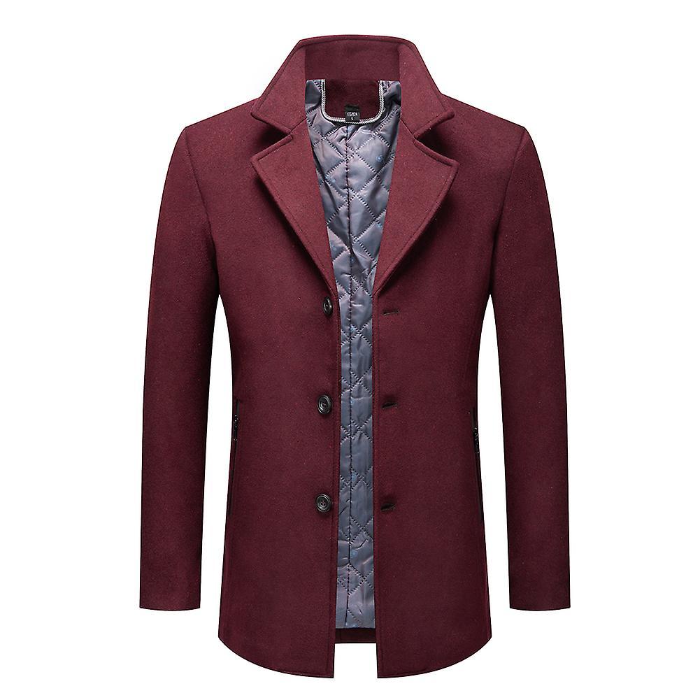 Allthemen Mens Woolen Solid Color Button Down Overcoat Wine Red L