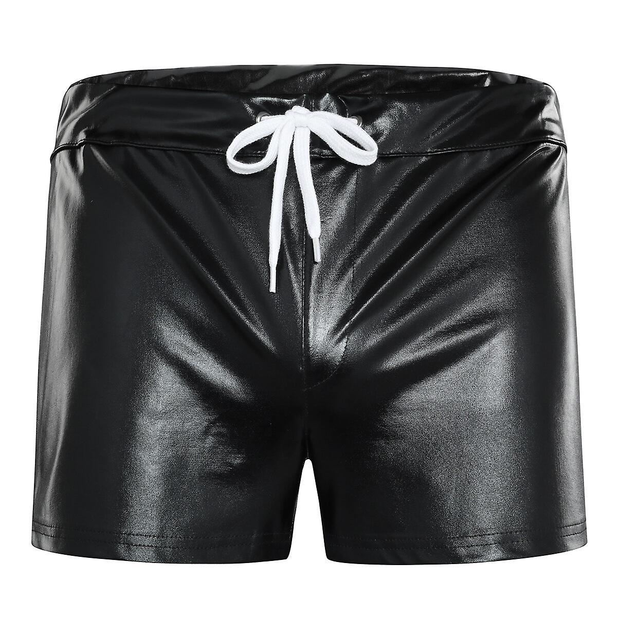 Sliktaa Mens Shiny Leather Shorts Black L