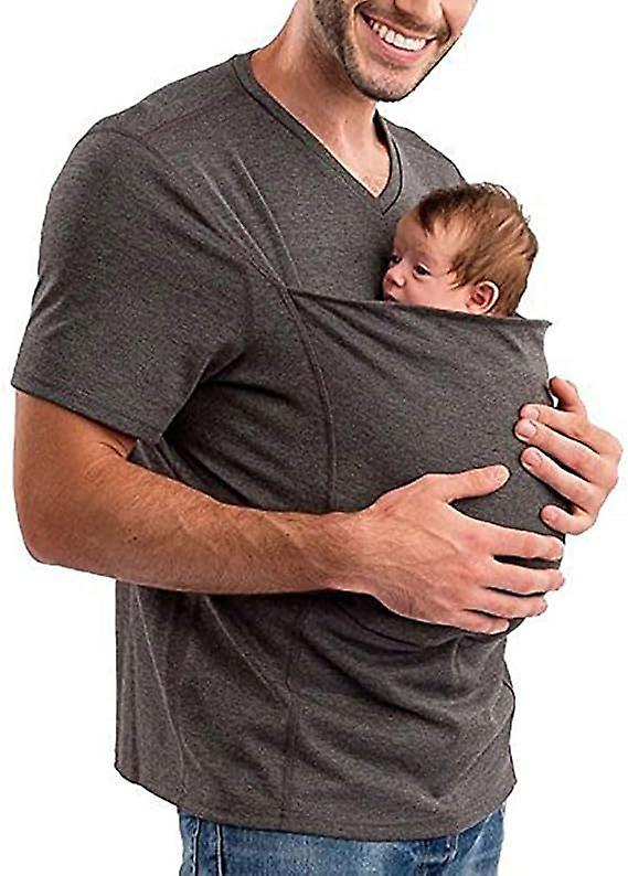 Lbh Men's Baby Strap Shirt, V Neck Short Sleeve Kangaroo T Shirt, Comfortable Breathable Cotton Kangaroo Shirt for dad and Baby grey L