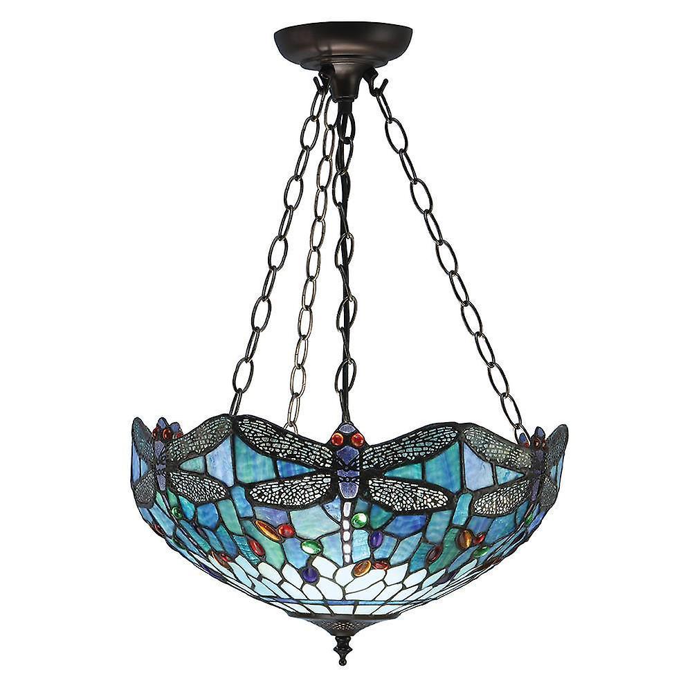 Interiors 1900 Lighting  (Poole) Interiors Dragonfly Blue - 3 Light Medium Inverted Ceiling Pendant Bronze, Blue, Dragonfly Tiffany Glass, E27