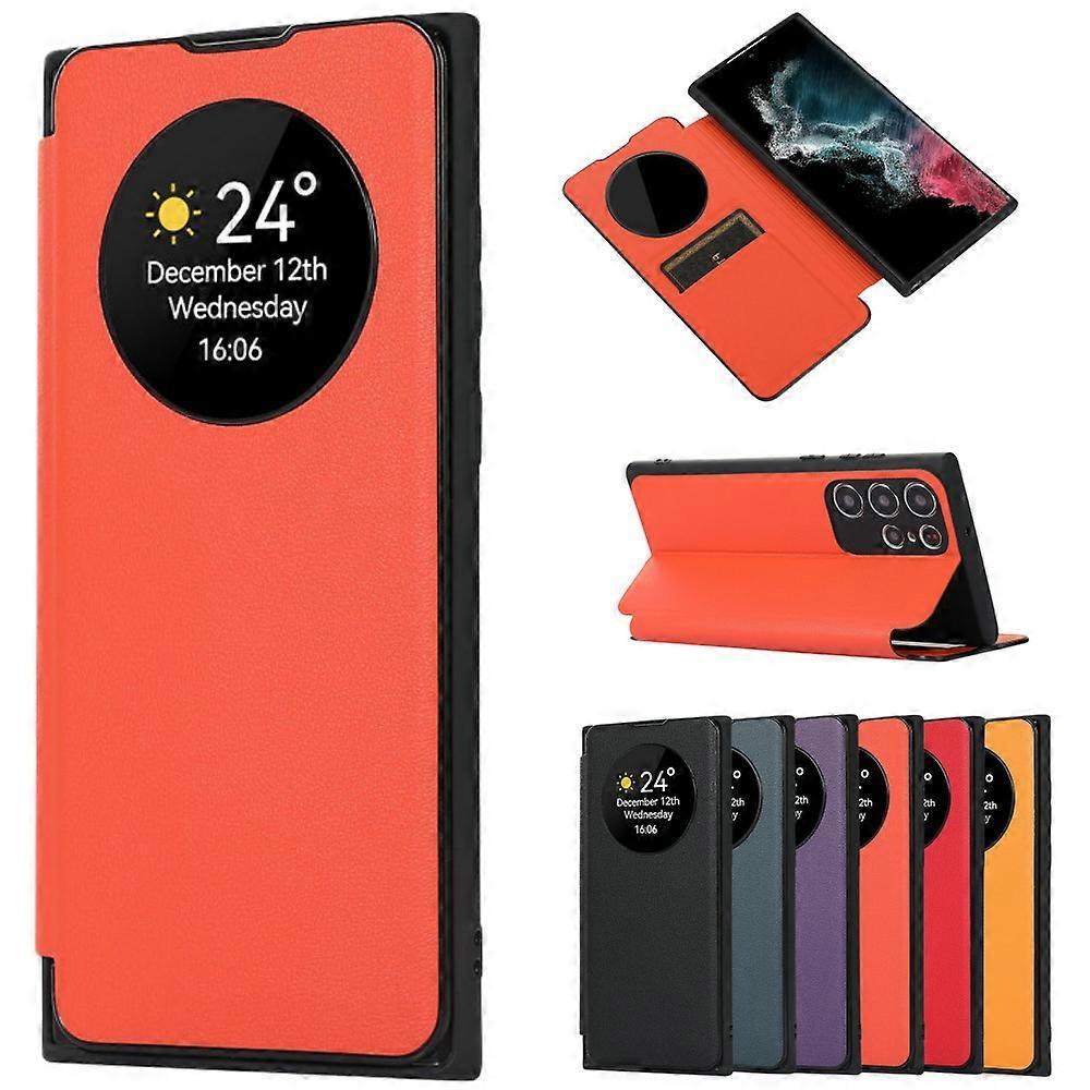 Unbrand Smart Sleep/Wake Up Function View Window Premium Leather Flip Case for Samsung Galaxy S24 Ultra/S24 Plus/24 with Card Slot Kickstand Orange