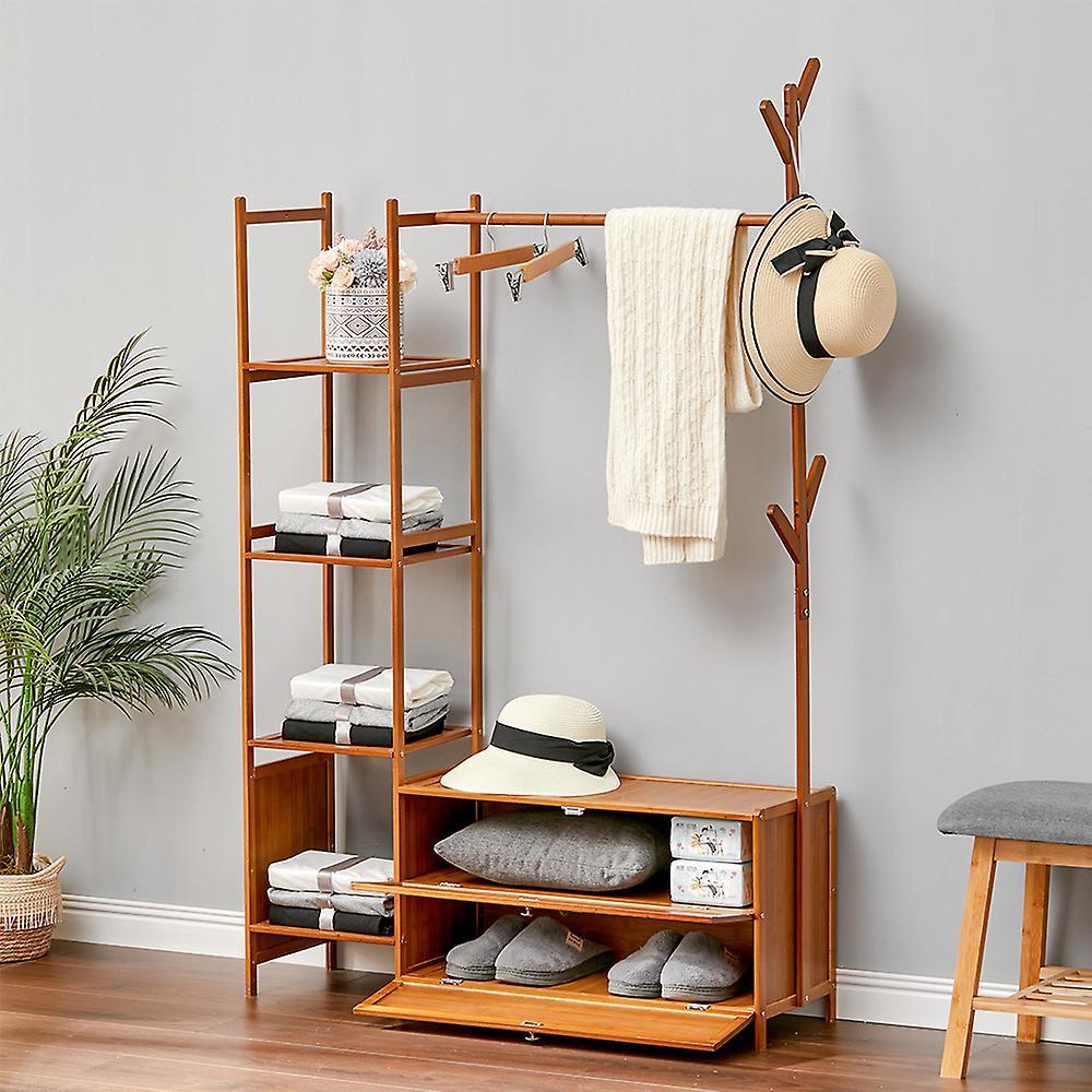 Living And Home 138CM Freestanding Bamboo Clothes Rack with Storage Shelves