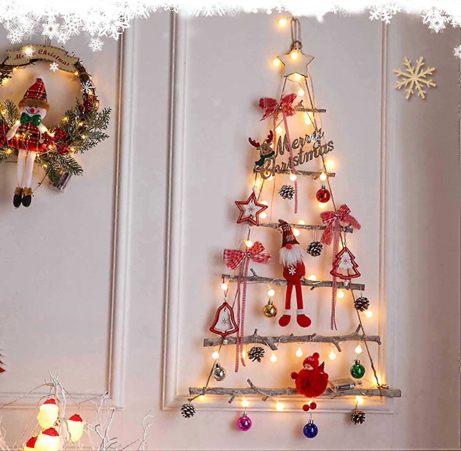 Lertenys 90cm/3ft Tall Christmas Lit Twig Wall Tree 40 Warm White Led Lights Battery Operated Hanging Xmas Wall Decoration Wooden Rope Ladder