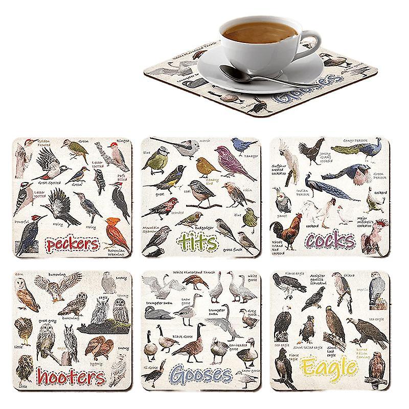 Unbrand Set Of 6 Bird Pun Coasters, Bird Pun Coasters For Drinks, Square Coaster Set Multicolor 2