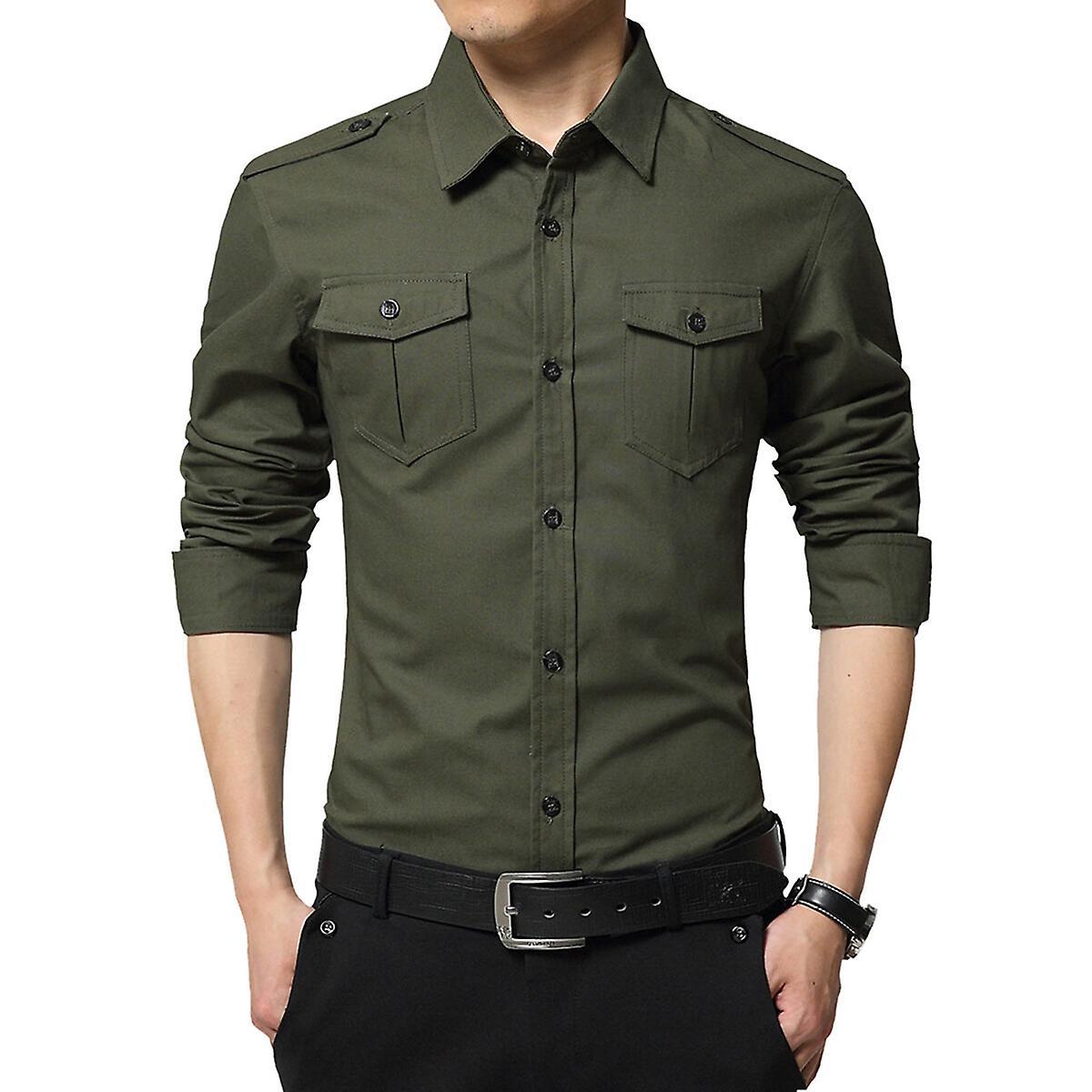 Allthemen Mens Casual Solid Cotton Slim Fit Shirt Army Green M