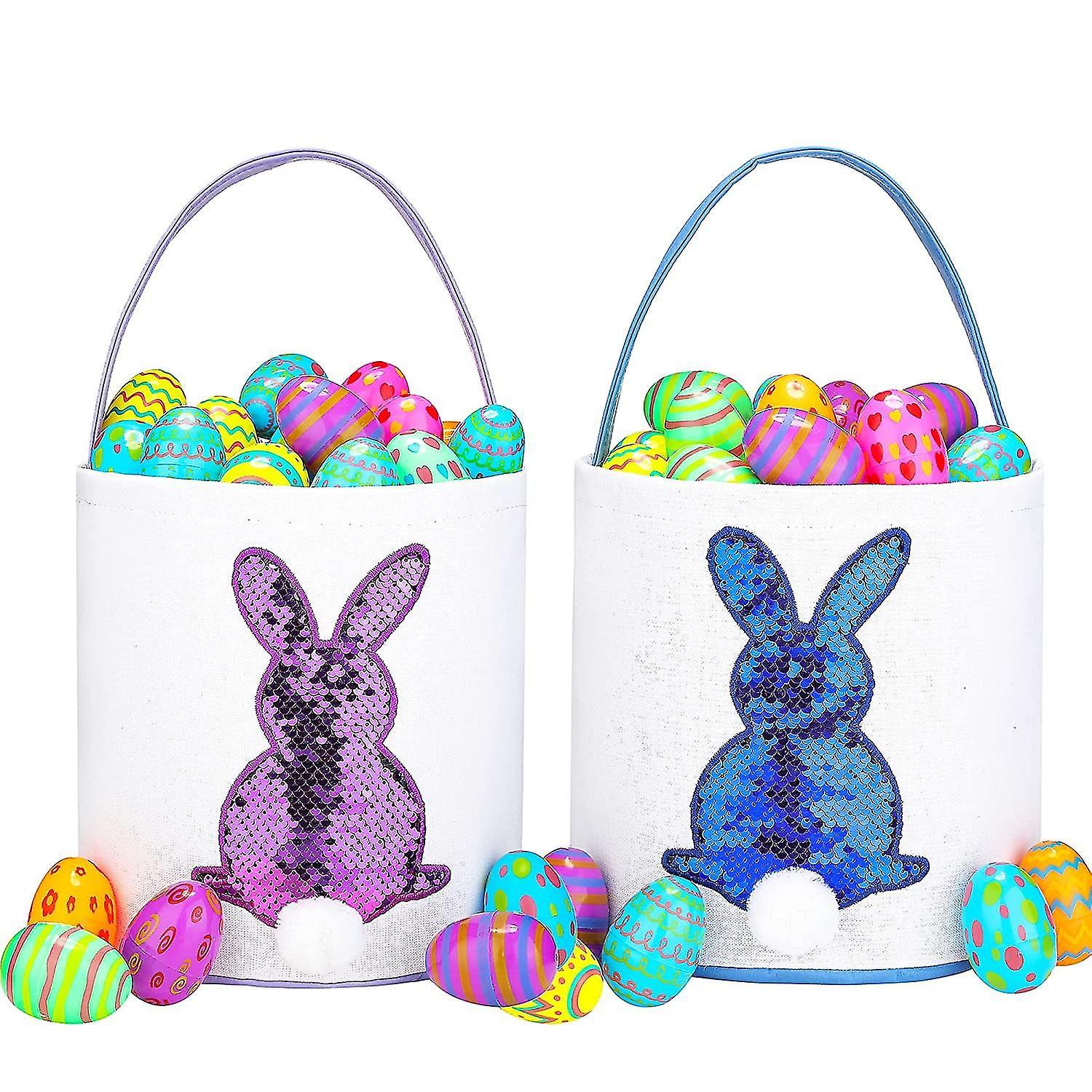 Tianzun 2pcs Easter Eggs Hunt Basket For Kids Canvas Bunny Basket Egg Bags Rabbit Fluffy Tails Gift Toys Carry Bucket