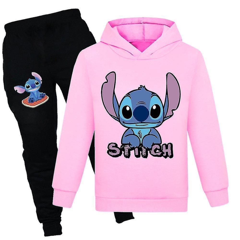 Shinestar Stitch Printed Tracksuit Kids Boys Girls Hooded Sweatshirt Pullover Hoodie Top Jogging Pants Outfit Set Casual Sport Suit Pink 13-14 Years