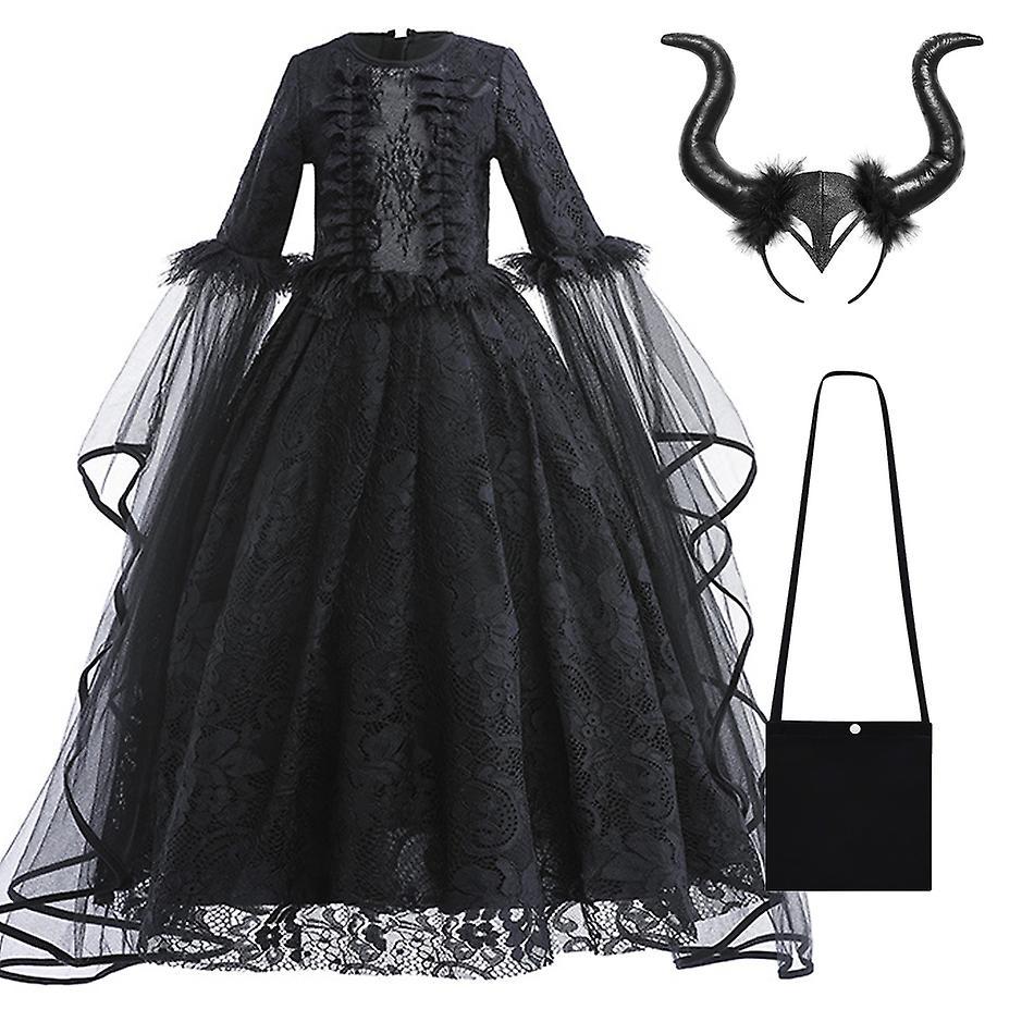 Ghygv Halloween Costume Maleficent Tutu Dress For Girls Cosplay Evil Queen Black Mesh Princess Dress Kids Crow Wand Maleficent 5-6T (Tag 130) Malef...