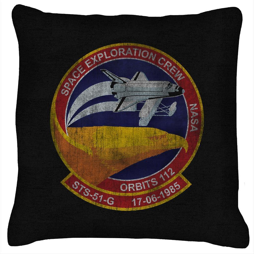 NASA STS 51 G Discovery Mission Badge Distressed Cushion Black 40 x 40cm