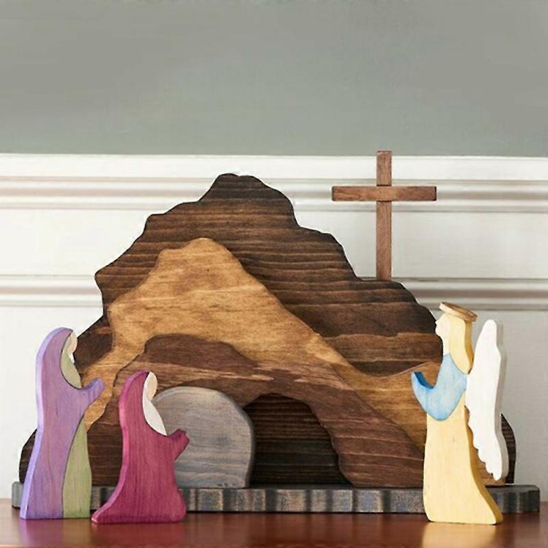 unbrand Easter Resurrection Scene Wooden Decoration Easter Decor Wooden Cross Resurrection Scene Decor Wooden Nativity Set New