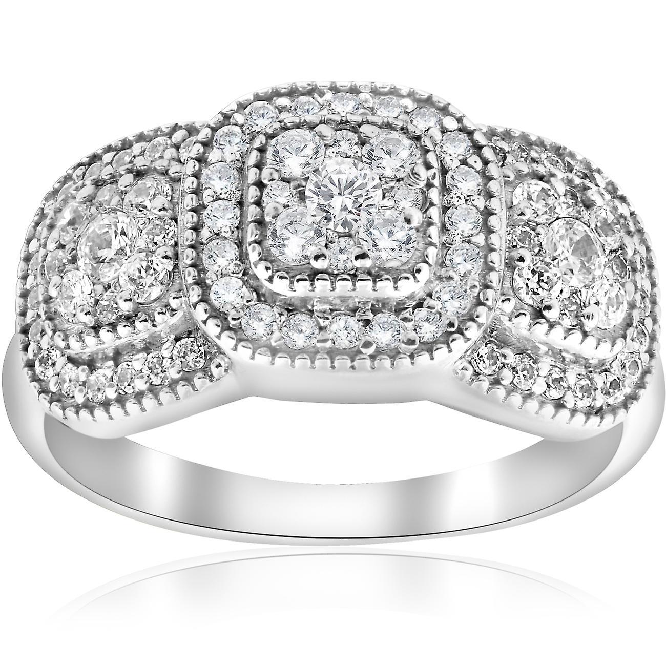 Pompeii3 3/4ct 3-Stone Pave Cushion Halo Diamond Engagement Ring Vintage 10k White Gold 7