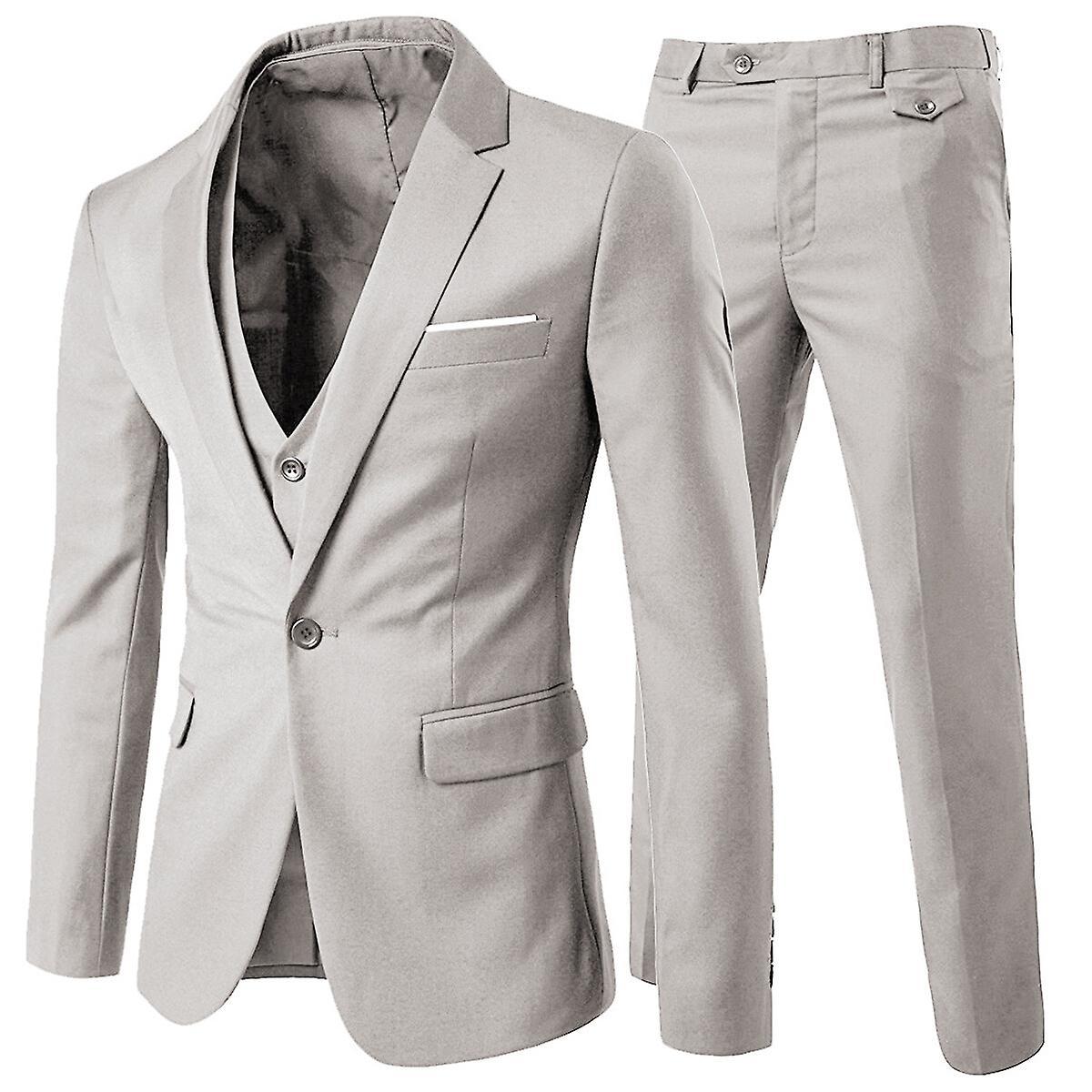 Allthemen Men's Suit 3-Piece Business Solid Slim Fit Suit Jacket&Pants&Vest Beige Grey M