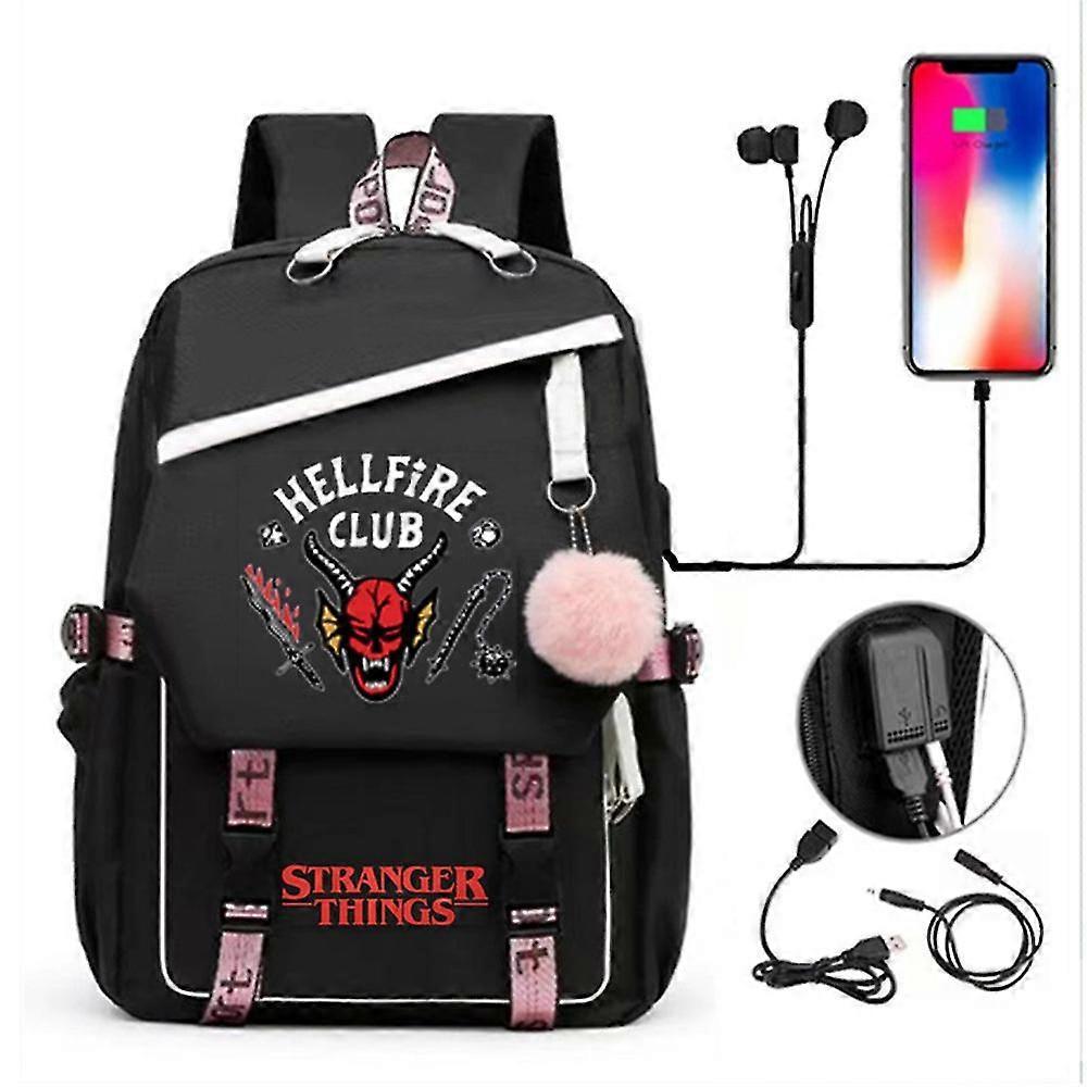 Lequeen Stranger Things Hellfire Club School Backpack Large Capacity Rucksack Usb Charging Travel Bag D