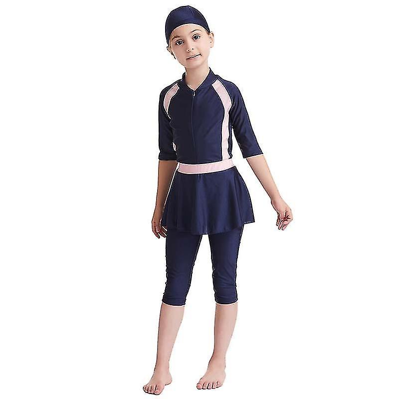 Preferred Girls Children Muslim Swimwear Islamic Swimwear Gentle Skin Burkini Swimwear Beachwear Navy Blue 12-13 Years